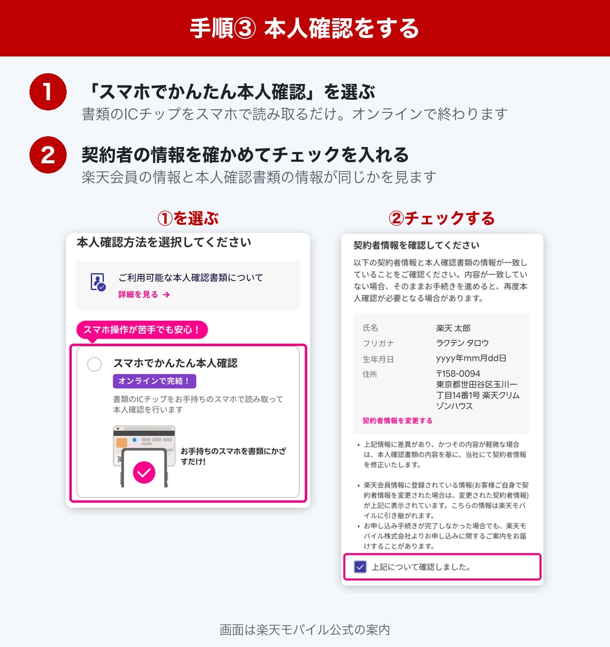 楽天モバイルの本人確認の手順。スマホでかんたん本人確認を選び、契約者情報を確かめてチェックする