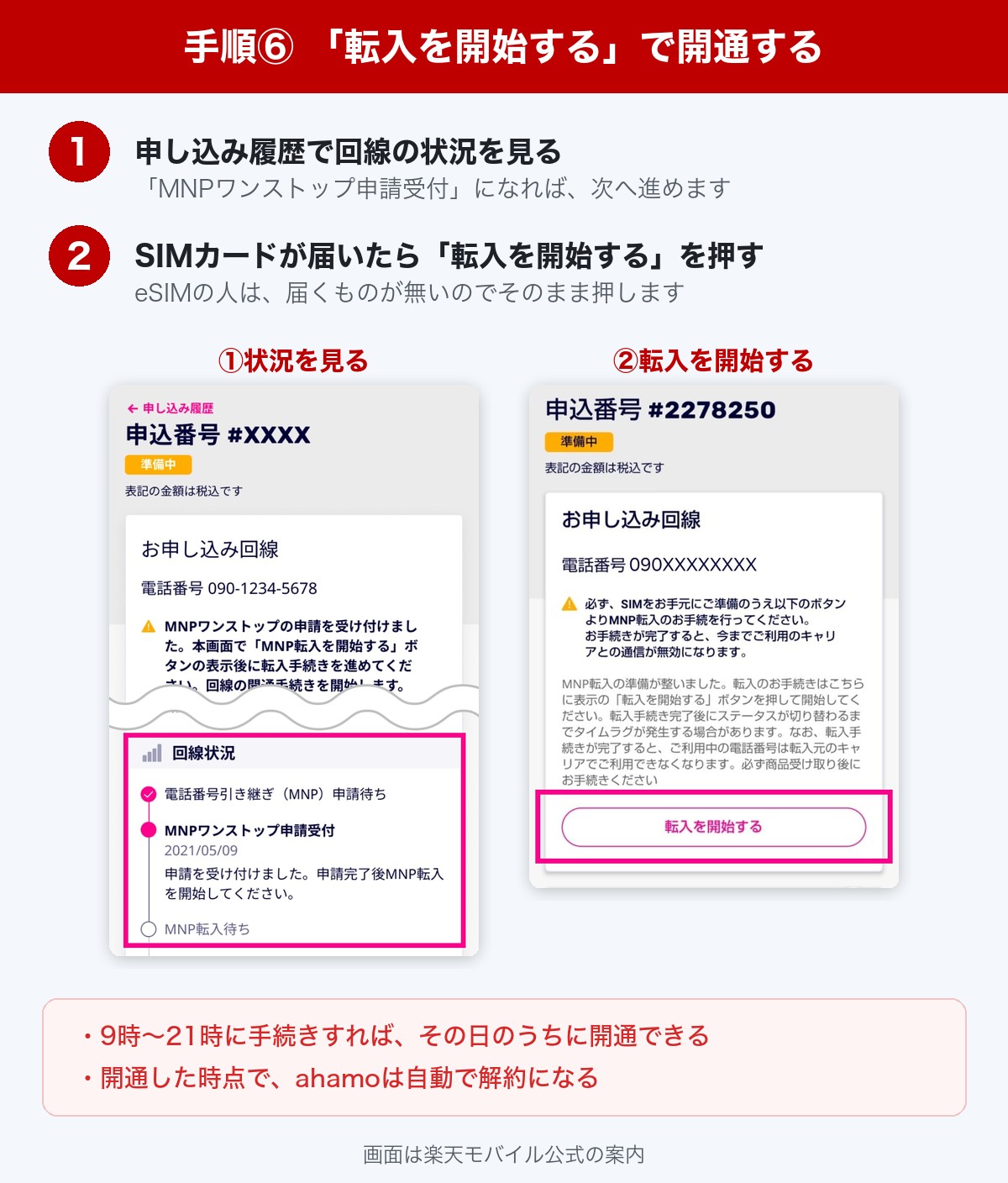 楽天モバイルの申し込み履歴で回線状況を見て、転入を開始するを押して開通する手順