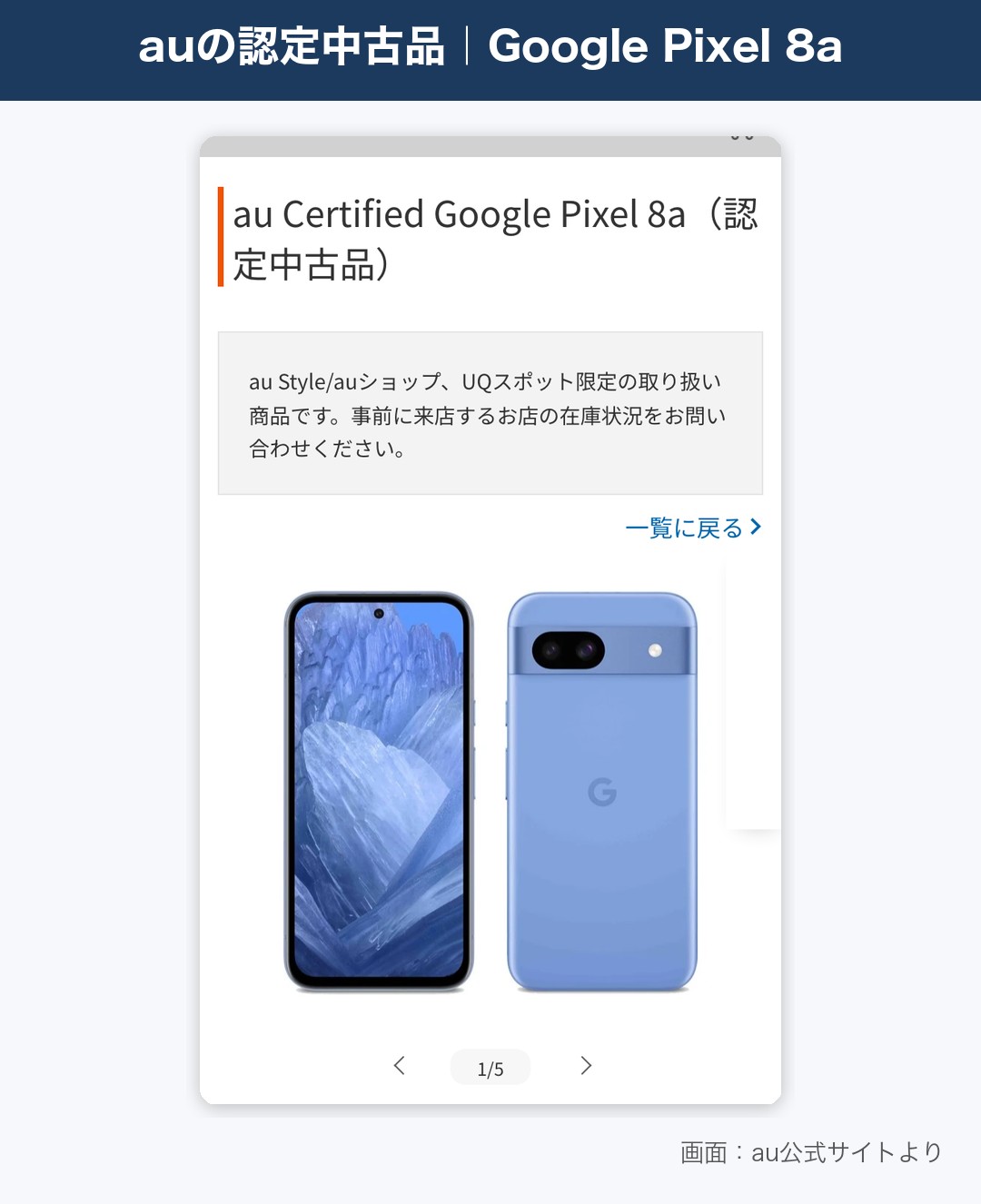 au CertifiedのGoogle Pixel 8aの製品ページ
