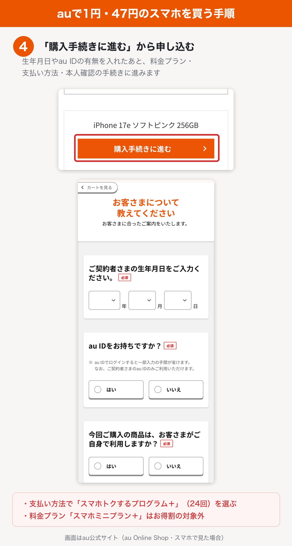 auで1円・47円のスマホを買う手順4。購入手続きに進むを押し、生年月日やau IDの有無を入れて申し込みへ進む