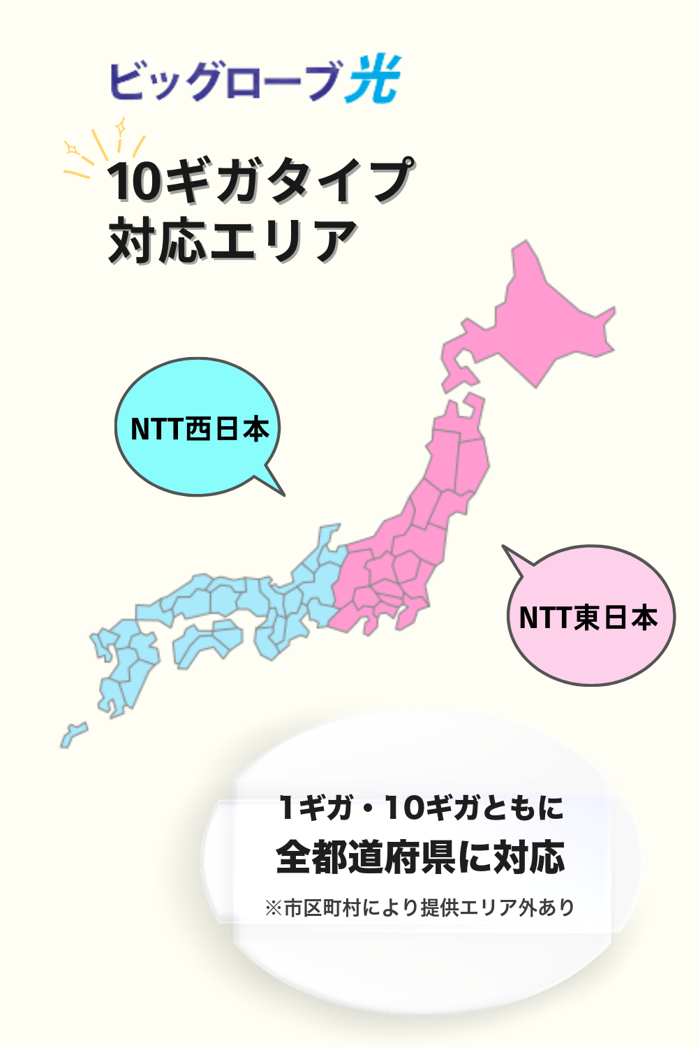 ビッグローブ光の10ギガ提供エリア。1ギガ・10ギガともに全都道府県に対応（市区町村により提供エリア外あり）