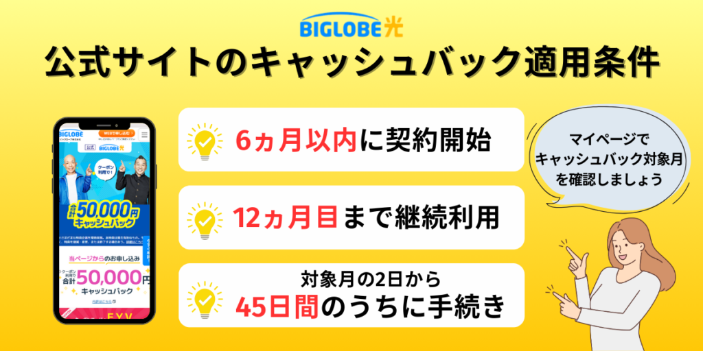 ビッグローブ光公式サイトのキャッシュバック適用条件