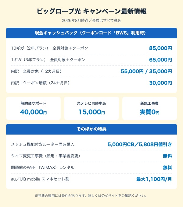ビッグローブ光のキャンペーン一覧。クーポン利用で10ギガ85,000円・1ギガ65,000円、解約金サポート40,000円、光テレビ同時申込15,000円