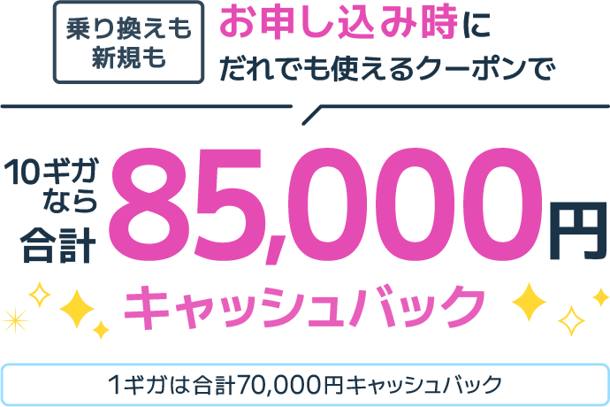 ビッグローブ光キャッシュバッククーポン｜10ギガ合計85,000円、1ギガ合計70,000円
