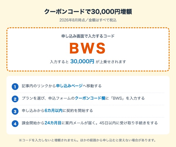 ビッグローブ光のクーポンコードはBWS。申し込み画面で入力すると30,000円が上乗せされる。記事内のリンクから申し込み、6カ月以内に契約開始、24カ月目に受け取り手続き