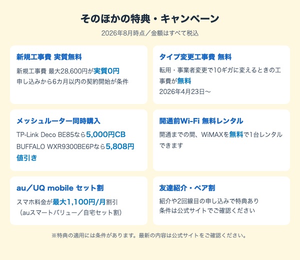 ビッグローブ光のそのほかの特典。新規工事費実質無料、タイプ変更工事費無料、メッシュルーター同時購入特典、開通前Wi-Fi無料レンタル、au・UQセット割