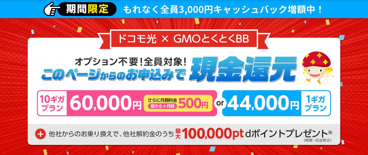 GMOとくとくBBのドコモ光申し込みページ。期間限定で全員3,000円キャッシュバック増額中と書かれ、10ギガプラン60,000円または1ギガプラン44,000円の現金還元が表示されている
