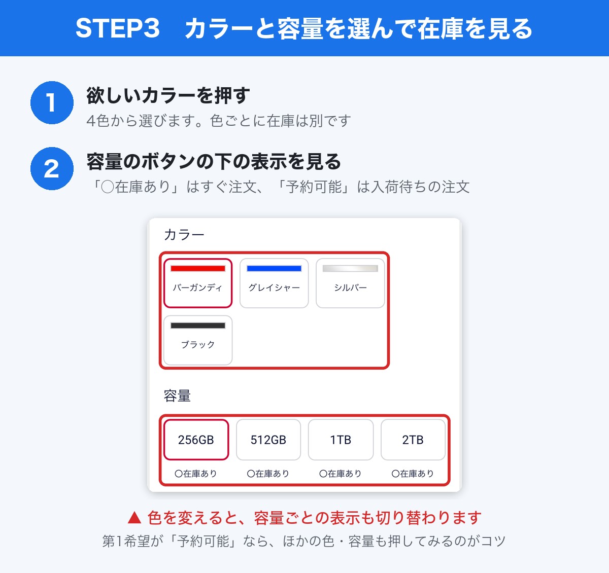 STEP3:iPhone 18 Proの製品ページで、カラーを選び、容量のボタンの下の在庫の表示を見る