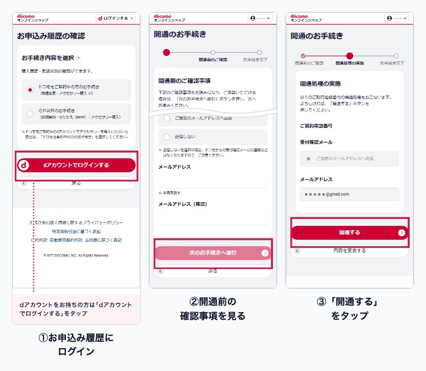 ドコモオンラインショップで開通する手順の画面。お申込み履歴にログイン→開通前の確認事項→開通するをタップ