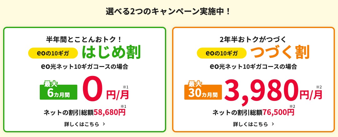 eo光ネット10ギガコースの選べる2つのキャンペーン。はじめ割は最大6か月間0円/月でネットの割引総額58,680円、つづく割は最大30か月間3,980円/月でネットの割引総額76,500円(2026年10月時点)