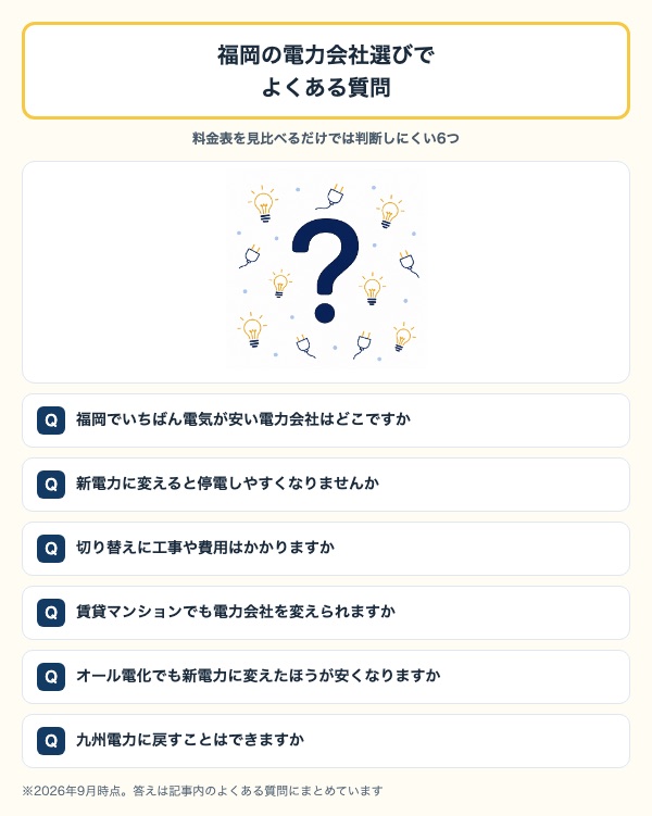 福岡の電力会社選びでよくある質問6つ。停電・工事費・賃貸・オール電化・九州電力へ戻す方法
