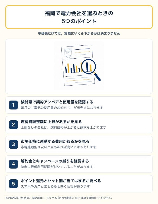 福岡で電力会社を選ぶときの5つのポイント。検針票の確認・燃料費調整額の上限・市場連動・解約金・セット割