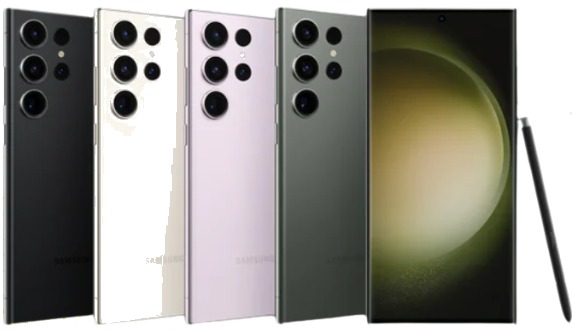 Galaxy S23 Ultraの本体。背面の4色とSペン付きの正面