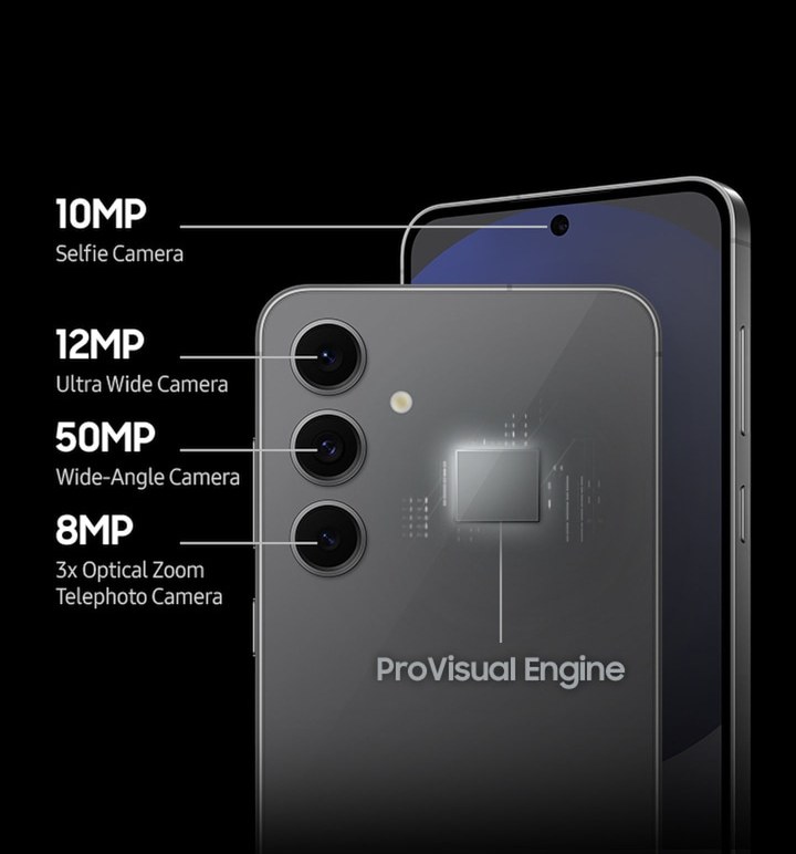 Galaxy S24 FEのカメラ構成（広角5,000万画素・超広角1,200万画素・3倍望遠800万画素・前面1,000万画素）
