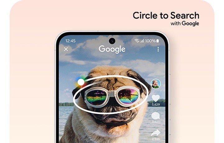 Galaxy S24 FEのかこって検索で、画面のサングラスを丸で囲んで検索している画面