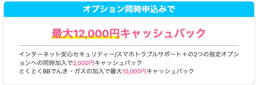 オプション同時申し込みで最大12,000円キャッシュバック。指定オプション2つの同時加入で2,000円、とくとくBBでんき・ガスの加入で最大10,000円