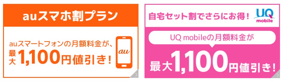 au・UQ mobileのスマホを使っている人は毎月のスマホ代がおトク。auスマホ割プランでauスマートフォンの月額料金が最大1,100円値引き、自宅セット割でUQ mobileの月額料金が最大1,100円値引き