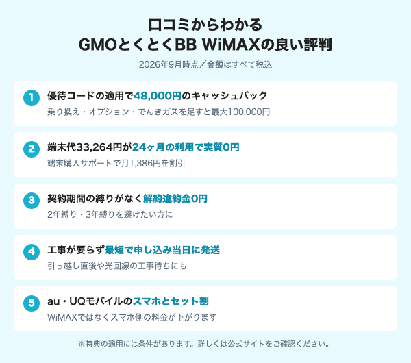 口コミからわかるGMOとくとくBB WiMAXの良い評判5つ