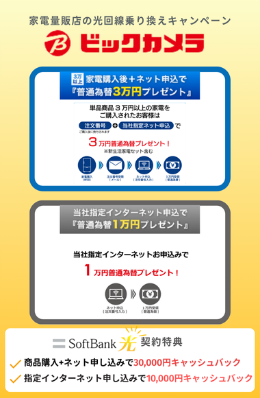 光回線の乗り換えキャッシュバックキャンペーン：ビックカメラ