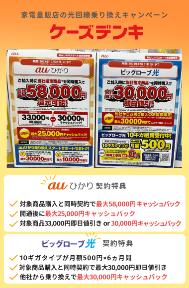 光回線の乗り換えキャッシュバックキャンペーン：ケーズデンキ