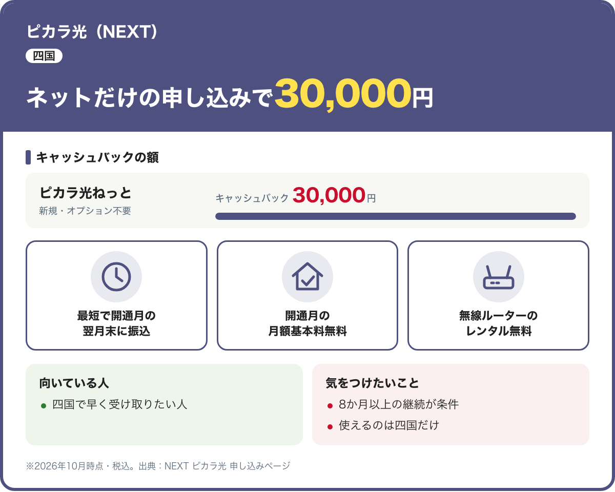 ピカラ光(NEXT)のカード。ネットだけの新規申し込みで30,000円のキャッシュバック。最短で開通月の翌月末に振込。2026年10月時点・税込