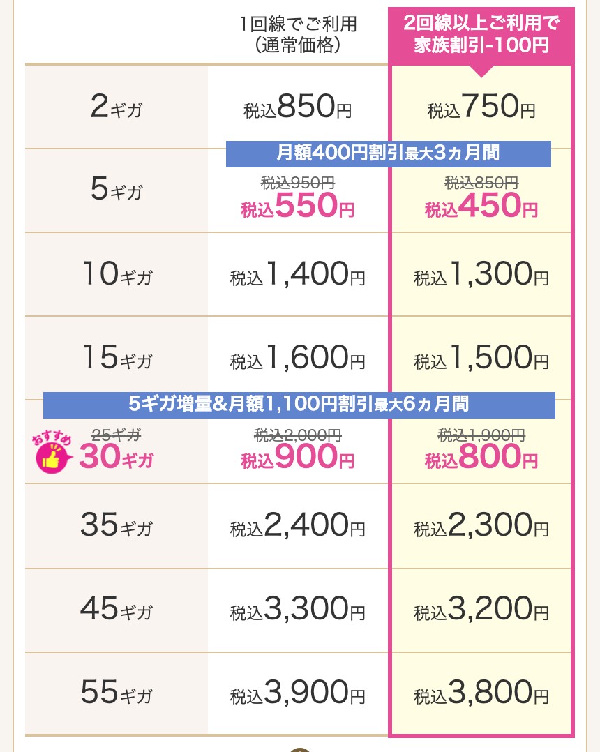 IIJmio公式サイトの料金プラン