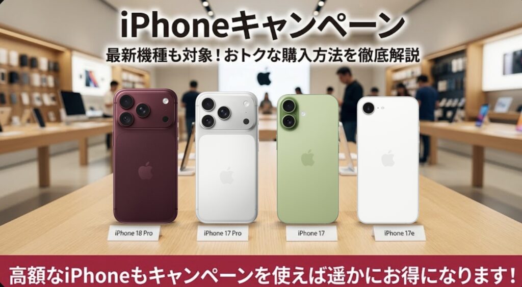 iPhoneキャンペーン。店頭のテーブルにiPhone 18 Pro・iPhone 17 Pro・iPhone 17・iPhone 17eが並ぶ