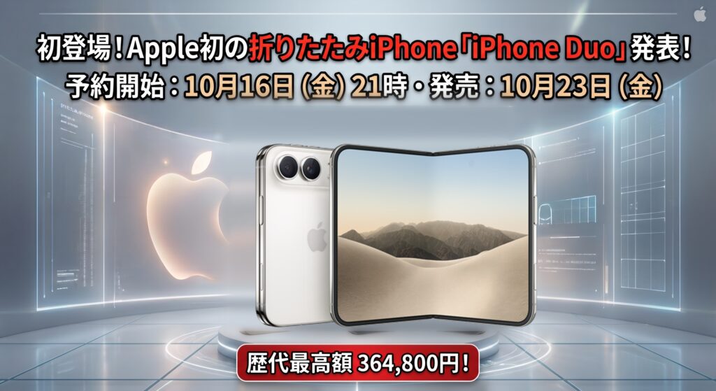 Apple初の折りたたみiPhone「iPhone Duo」予約開始10月16日21時・発売10月23日・364,800円