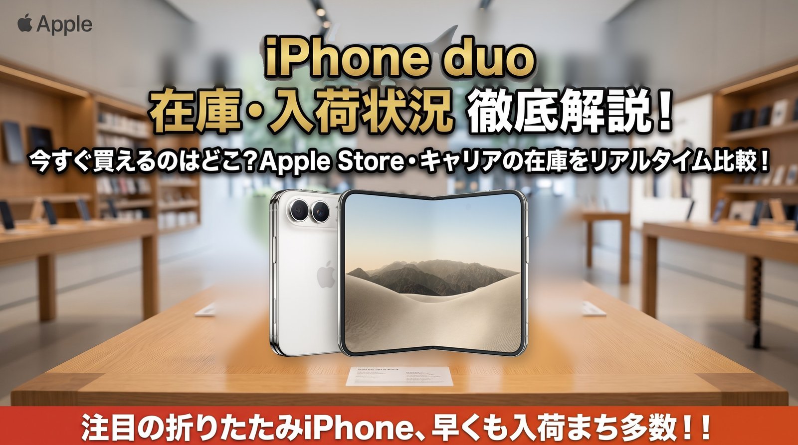 iPhone Duoの在庫・入荷状況を解説する記事のアイキャッチ。Apple Storeの机に置かれたiPhone Duo
