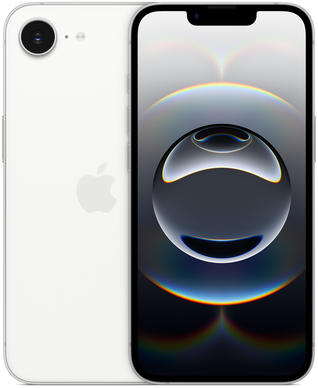 iPhone 16e ホワイトの本体正面と背面