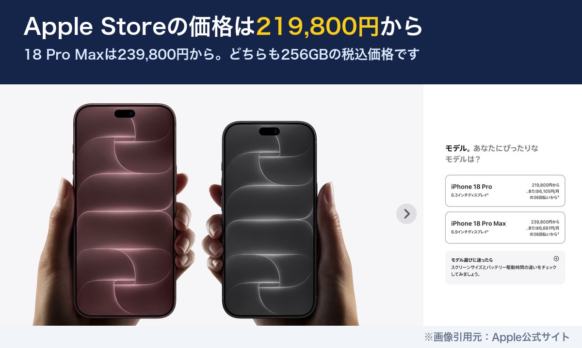 Apple StoreのiPhone 18 Pro価格。219,800円から、Pro Maxは239,800円から