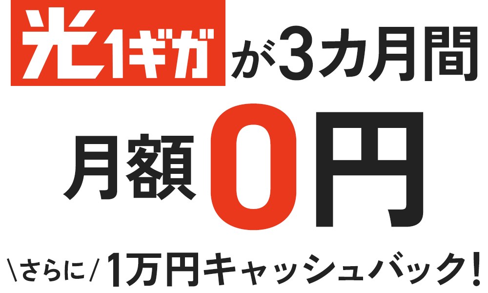 J:COMの申し込みページ。集合住宅の光1ギガが3か月間月額0円になり、さらに1万円のキャッシュバックが付くと書かれている
