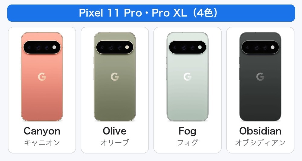 Pixel 11 Pro・Pro XLの4色(Canyon・Olive・Fog・Obsidian)