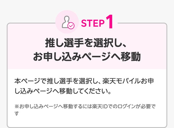 推し選手応援キャンペーンの参加方法 STEP1 キャンペーンページで推し選手を選び、楽天IDでログインして申し込みページへ移動