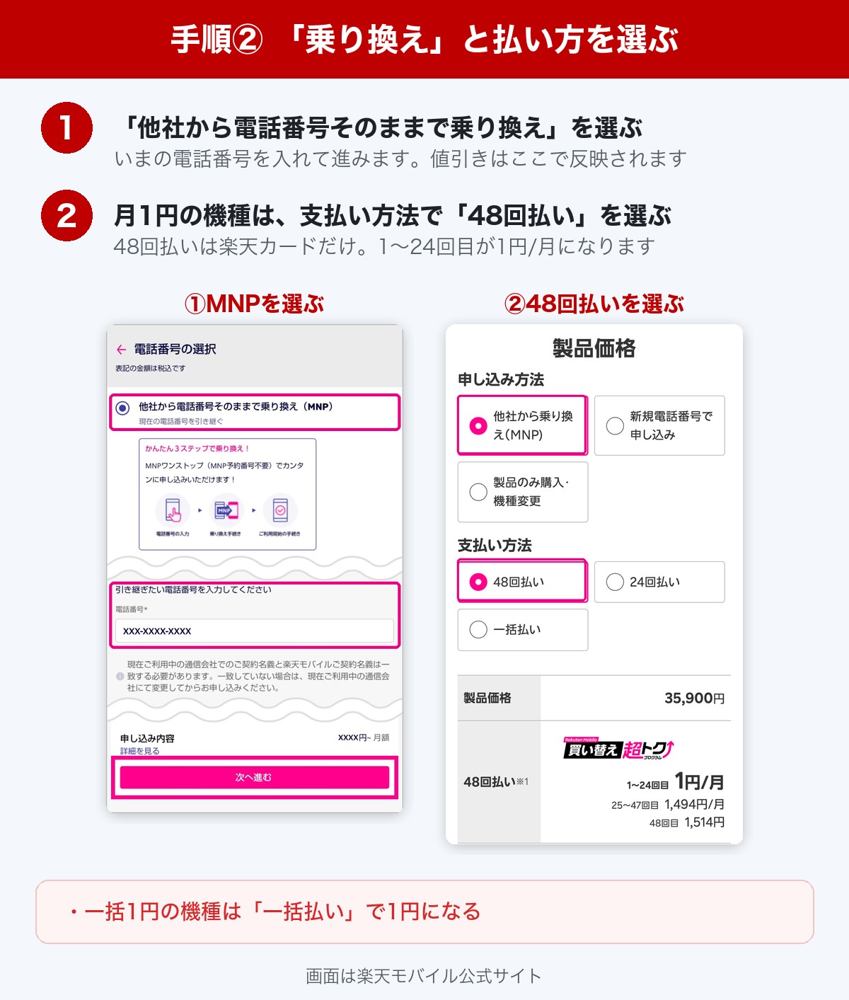楽天モバイルの1円スマホの買い方 手順2。他社から電話番号そのままで乗り換えを選び、月1円の機種は支払い方法で48回払いを選ぶ