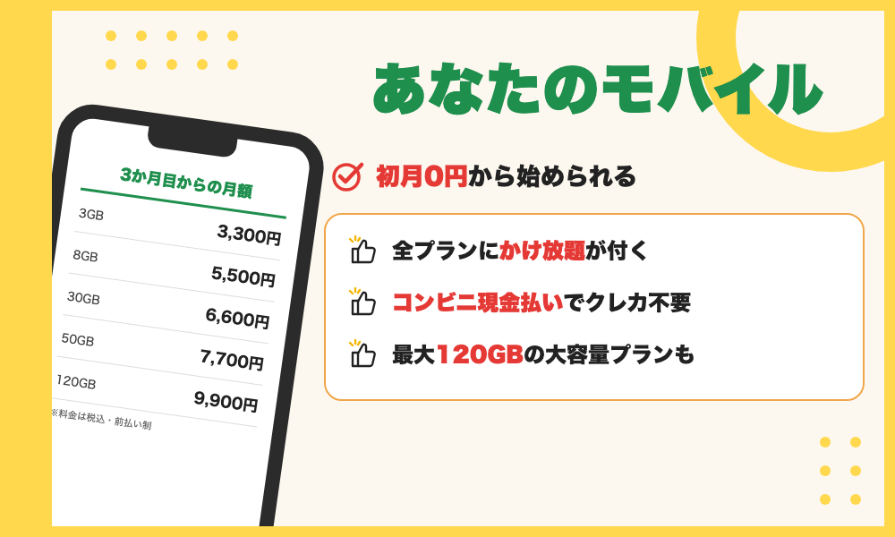 あなたのモバイルの特徴。初月0円から始められ、全プランかけ放題付き、コンビニ現金払いに対応