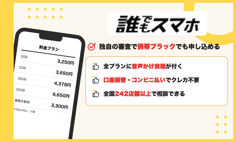 誰でもスマホの特徴。独自の審査で携帯ブラックでも申し込め、全プランに音声かけ放題が付き、口座振替・コンビニ払いに対応