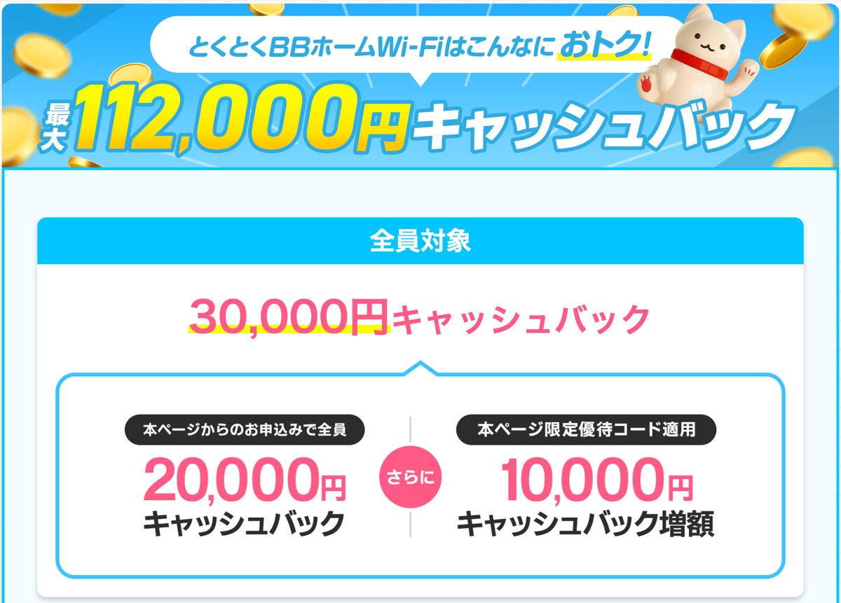 鬼安キャンペーンページのキャッシュバック特典。全員対象30,000円の内訳は申し込みで全員20,000円と優待コード適用で10,000円増額