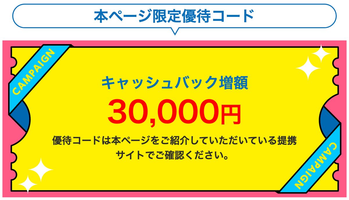 鬼安キャンペーンページの本ページ限定優待コードの案内。キャッシュバック増額30,000円