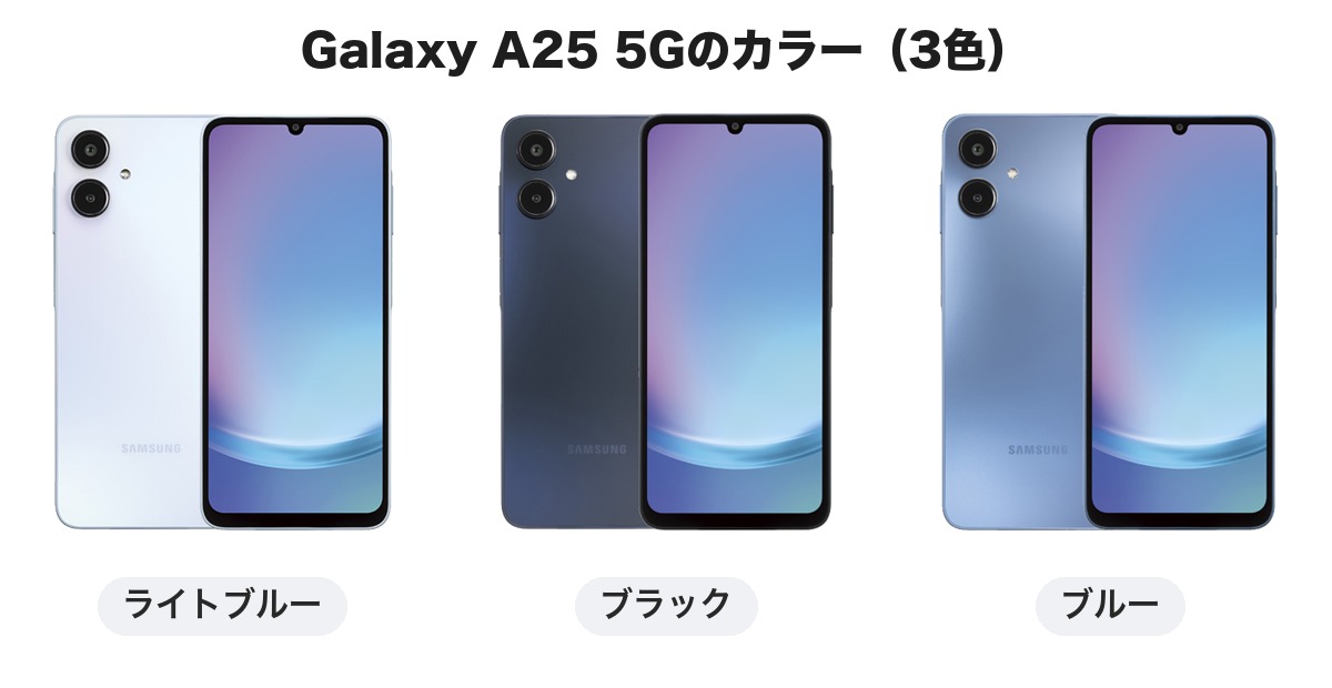 Galaxy A25 5Gのカラー3色（ライトブルー・ブラック・ブルー）