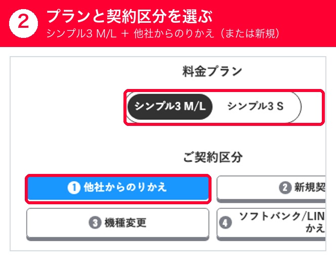 ワイモバイルオンラインストアの料金プランと契約区分の選択